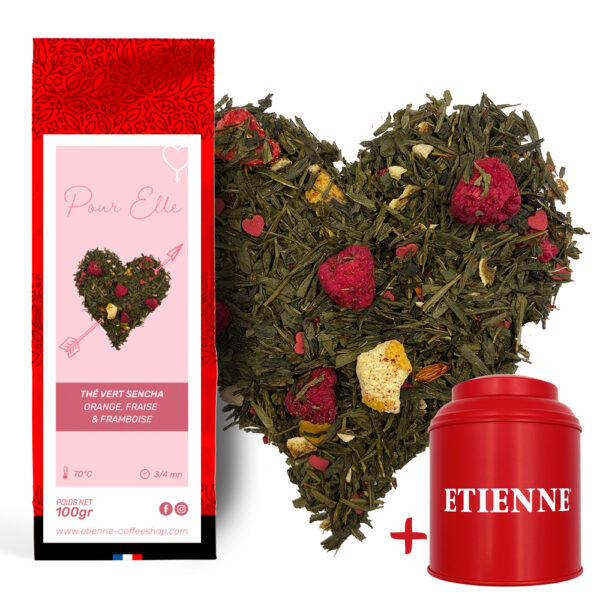 Coffret Saint-Valentin pour ELLE - Boîte à thé & Thé vert, orange, fraise et framboise - 100g