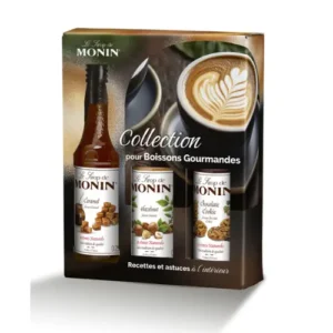 Coffret de 3 sirops Monin Collection Boissons gourmandes de 25cl saveurs chocolat cookie, noisette et caramel pour recettes café ETIENNE Coffee-Shop.