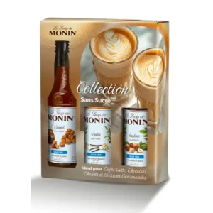 Coffret de 3 sirops Monin Sans Sucre de 25cl saveurs vanille, caramel et noisette pour recettes café ETIENNE Coffee-Shop.